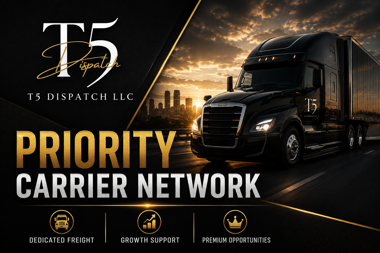 T5 Dispatch Priority Carrier Network – Dedicated Freight, Growth Support, and Premium Opportunities for Qualified Carriers.